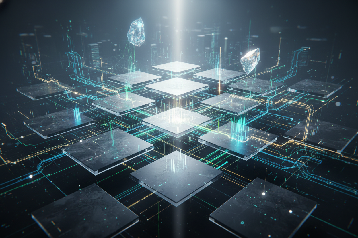 Premium editorial section illustration 2 for "Фреймворк выбора: 3 шага от задачи до инструмента" in context of "Бесплатный ИИ в 2026: 15 сервисов, которые реально работают". Distinct visual angle, no people, no faces, layered product surfaces, abstract signals, cinematic light, crisp contrast, subject-focused, no text, no watermark, no logo, 16:9.