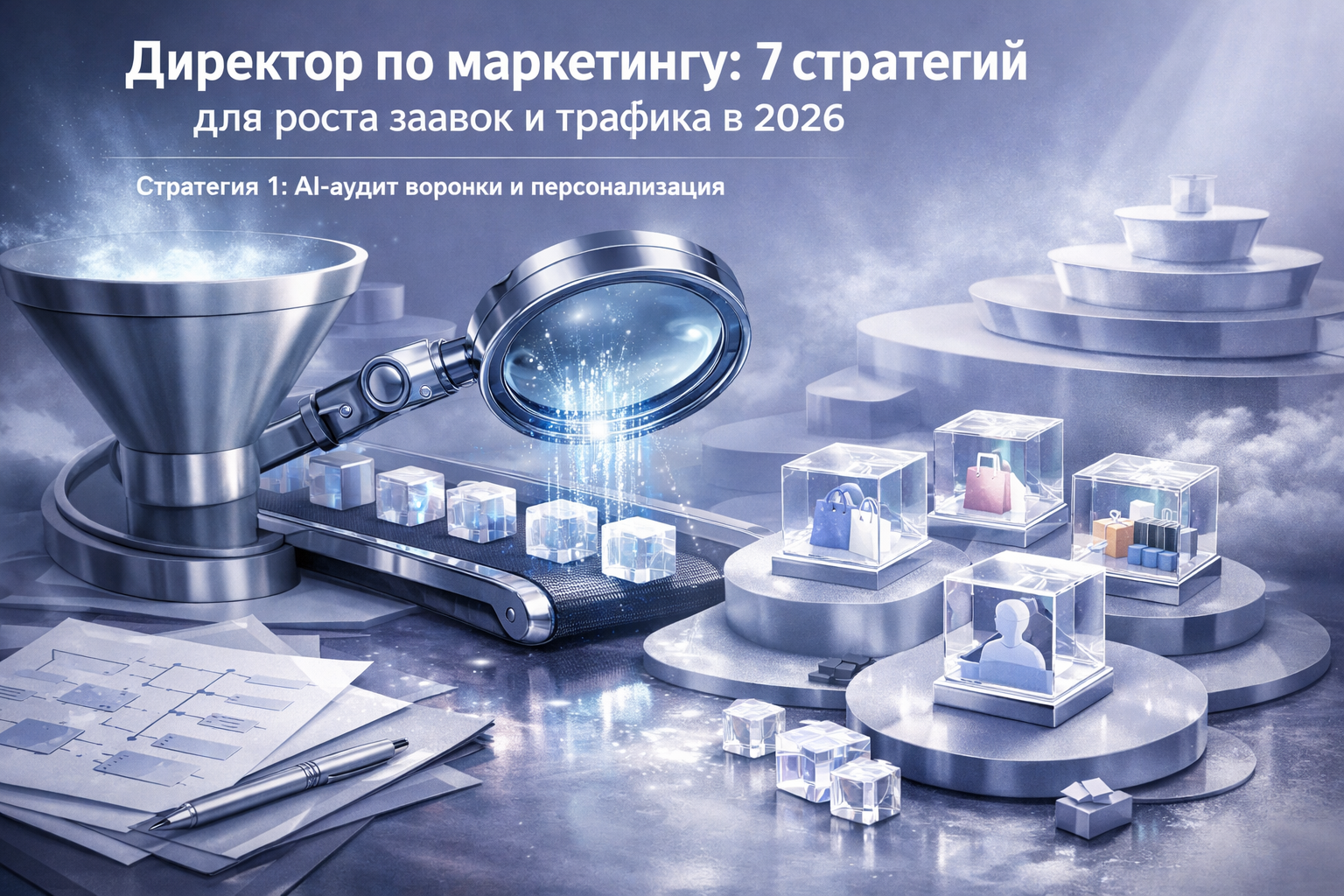 Transformation timeline scene with staged objects, motion residue, and cinematic before/after contrast. Article title: "Директор по маркетингу: 7 стратегий для роста заявок и трафика в 2026". Section focus: "Стратегия 1: AI-аудит воронки и персонализация". Concrete concept to visualize: Стратегия, аудит, воронки, персонализация. Invent a specific metaphor tied to this section only; do not fall back to generic AI brains, neon circuits, or random dashboards. Color direction: ice blue, violet gray, polished chrome, cloud white. Camera: wide-angle but controlled perspective, crisp focal anchor, premium magazine framing. Use tactile materials, layered objects, visual hierarchy, and premium editorial polish like a cover story interior spread. No people, no faces, no hands, no readable UI text, no logos, no watermark, no empty dark voids. 16:9 landscape.