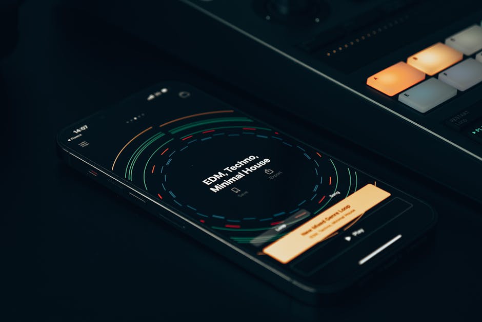 Close-up of a smartphone displaying an EDM music app, showcasing modern technology and mobile design.