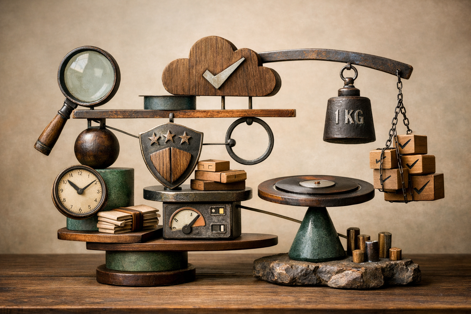 Kinetic sculpture made from topic-specific objects, balanced asymmetry, and intentional visual tension. Article title: "Лучшие облачные хранилища 2026: выбор для фото, документов и резервных копий". Section focus: "Критерии выбора облачного хранилища". Concrete concept to visualize: Критерии, выбора, облачного, хранилища. Invent a specific metaphor tied to this section only; do not fall back to generic AI brains, neon circuits, or random dashboards. Color direction: sand beige, eucalyptus green, oxidized metal, dark walnut. Camera: close-up 50mm product editorial shot, shallow depth but readable scene hierarchy. Use tactile materials, layered objects, visual hierarchy, and premium editorial polish like a cover story interior spread. No people, no faces, no hands, no readable UI text, no logos, no watermark, no empty dark voids. 16:9 landscape.