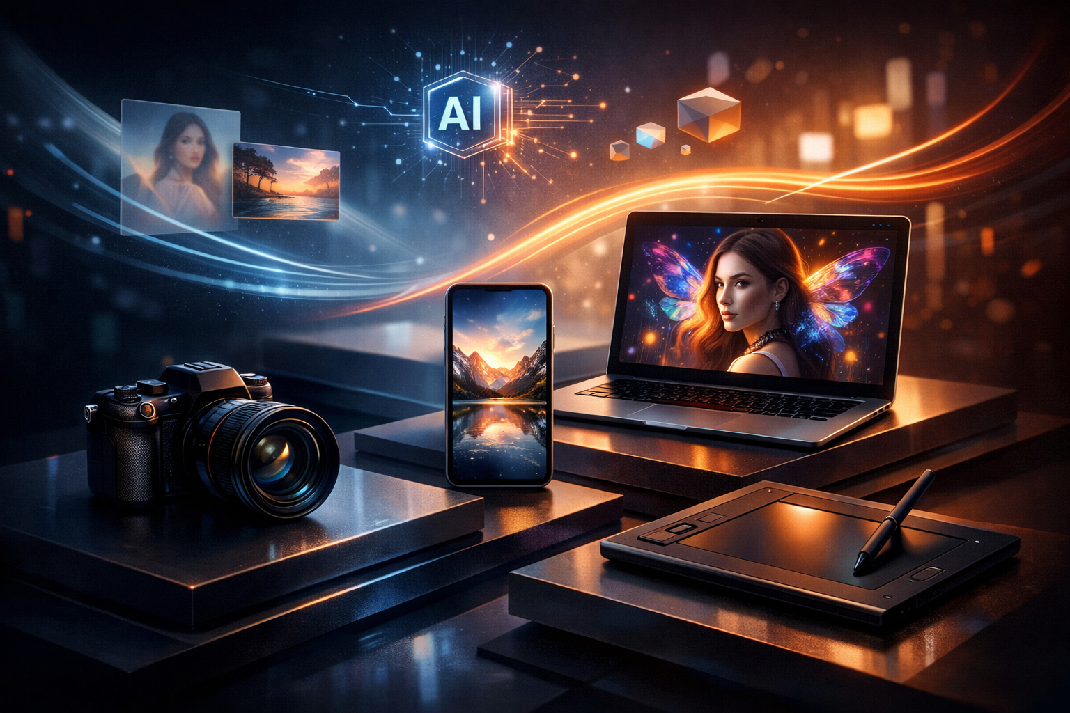 Premium editorial section illustration 1 for "Сценарии применения: кому и зачем нужна нейросеть для фото" in context of "Нейросеть для фото: лучшие сервисы обработки и генерации 2026". Distinct visual angle, no people, no faces, layered product surfaces, abstract signals, cinematic light, crisp contrast, subject-focused, no text, no watermark, no logo, 16:9.