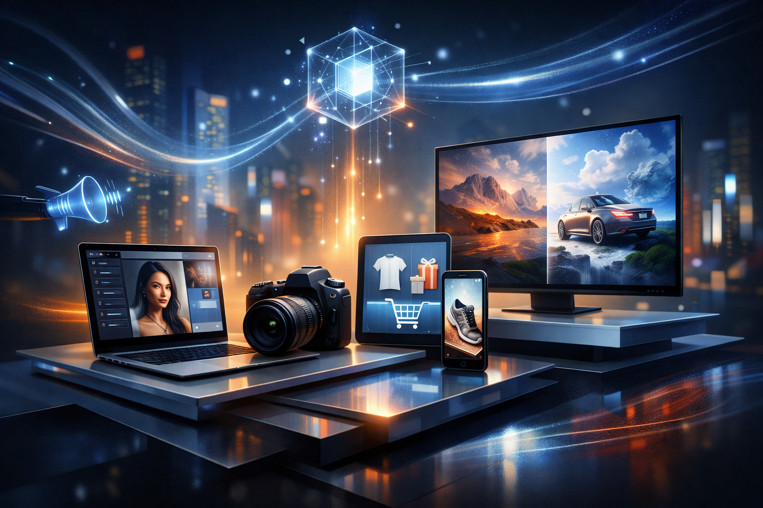 Premium editorial section illustration 1 for "Кому подходит сценарий: от e-commerce до рекламных агентств" in context of "Нейросеть для фото: лучшие сервисы обработки и генерации в 2026". Distinct visual angle, no people, no faces, layered product surfaces, abstract signals, cinematic light, crisp contrast, subject-focused, no text, no watermark, no logo, 16:9.