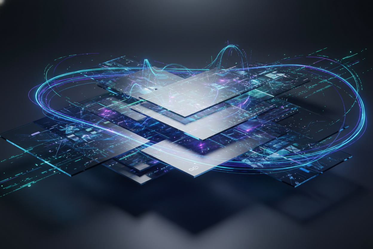 Premium editorial section illustration 2 for "Обзор рынка: топ-5 сервисов на 2026 год" in context of "Нейросеть для фото: лучшие сервисы обработки и генерации в 2026". Distinct visual angle, no people, no faces, layered product surfaces, abstract signals, cinematic light, crisp contrast, subject-focused, no text, no watermark, no logo, 16:9.