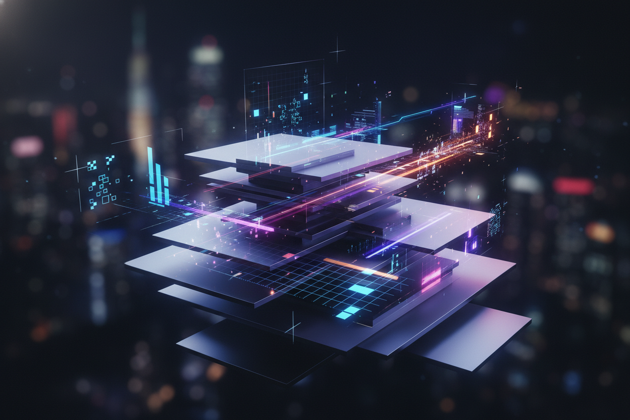 Premium editorial section illustration 2 for "Обзор сильнейших сервисов 2026 года" in context of "Нейросеть для фото: лучшие сервисы обработки и генерации". Distinct visual angle, no people, no faces, layered product surfaces, abstract signals, cinematic light, crisp contrast, subject-focused, no text, no watermark, no logo, 16:9.