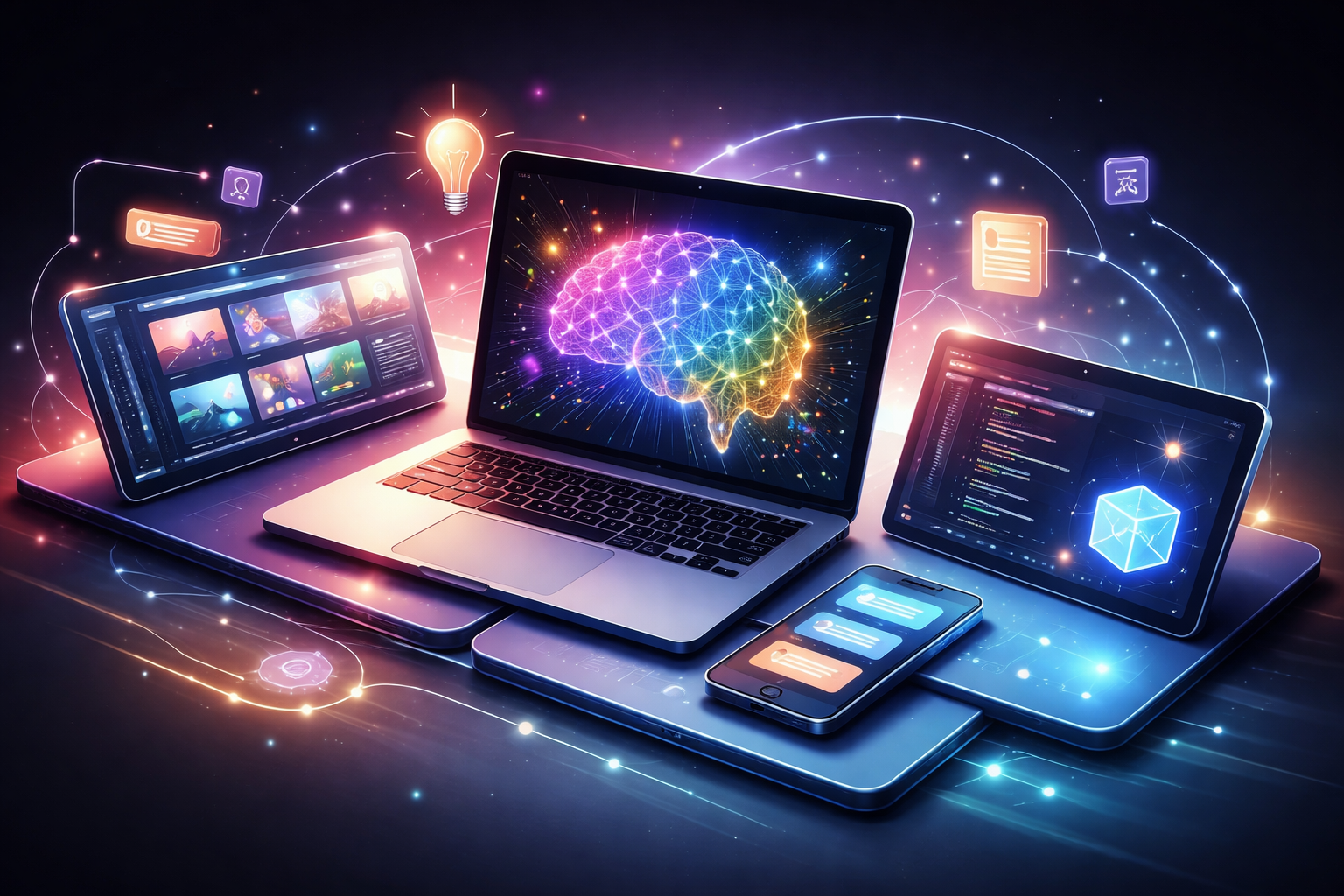 Premium editorial section illustration 1 for "Кому подходит сценарий онлайн-нейросетей" in context of "Нейросеть онлайн: лучшие сервисы, которые работают в браузере". Distinct visual angle, no people, no faces, layered product surfaces, abstract signals, cinematic light, crisp contrast, subject-focused, no text, no watermark, no logo, 16:9.