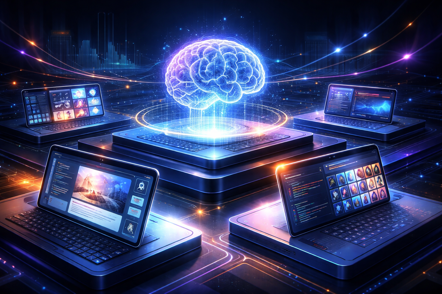 Premium editorial section illustration 1 for "Кому подходит сценарий онлайн-нейросетей" in context of "Нейросеть онлайн: лучшие сервисы для бизнеса в 2026". Distinct visual angle, no people, no faces, layered product surfaces, abstract signals, cinematic light, crisp contrast, subject-focused, no text, no watermark, no logo, 16:9.