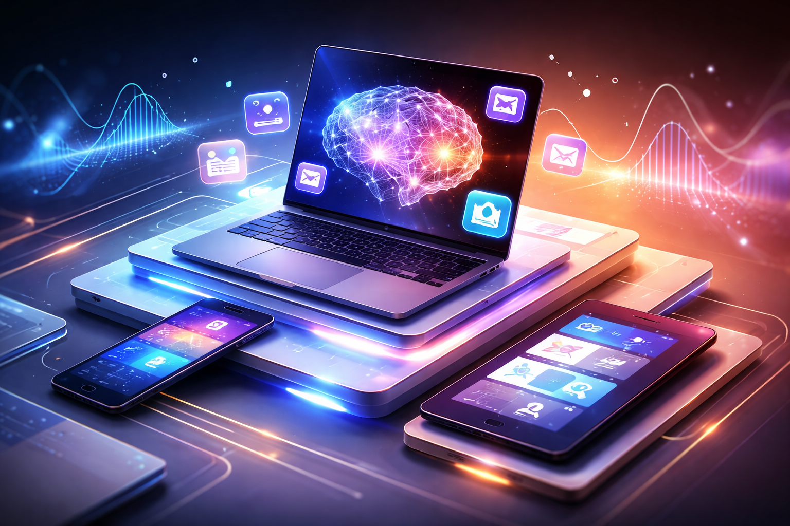 Premium editorial section illustration 1 for "Сценарии: кому и зачем нужна нейросеть онлайн" in context of "Нейросеть онлайн: лучшие сервисы, которые работают в браузере". Distinct visual angle, no people, no faces, layered product surfaces, abstract signals, cinematic light, crisp contrast, subject-focused, no text, no watermark, no logo, 16:9.