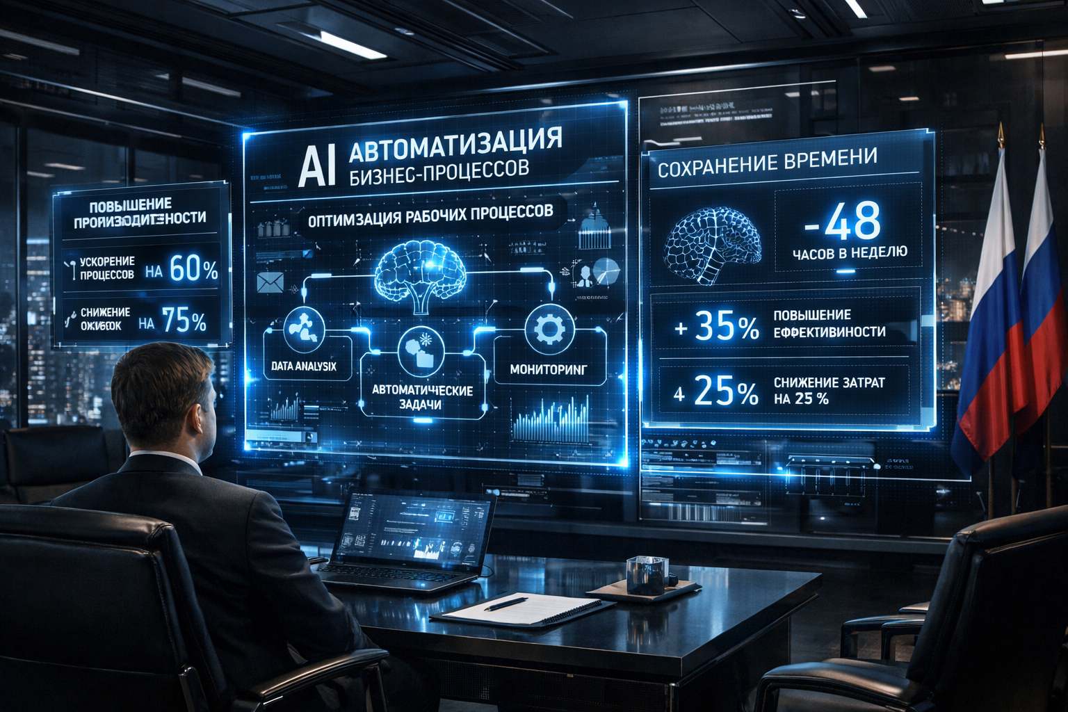 Editorial section illustration for "Фреймворк «AI-аудит»: где течет ваше время?" in context of "Как AI экономит 40+ часов в неделю: реальные кейсы российских компаний". Subject-focused composition, realistic business environment, crisp details, natural contrast, no text, no watermark, no logo, no empty background, 16:9.