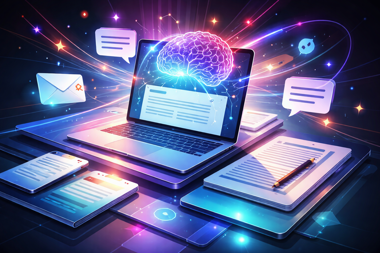 Premium editorial section illustration 1 for "Кому подходит сценарий: от стартапов до корпораций" in context of "Нейросеть для текста: лучшие сервисы для статей, постов и писем в 2026". Distinct visual angle, no people, no faces, layered product surfaces, abstract signals, cinematic light, crisp contrast, subject-focused, no text, no watermark, no logo, 16:9.