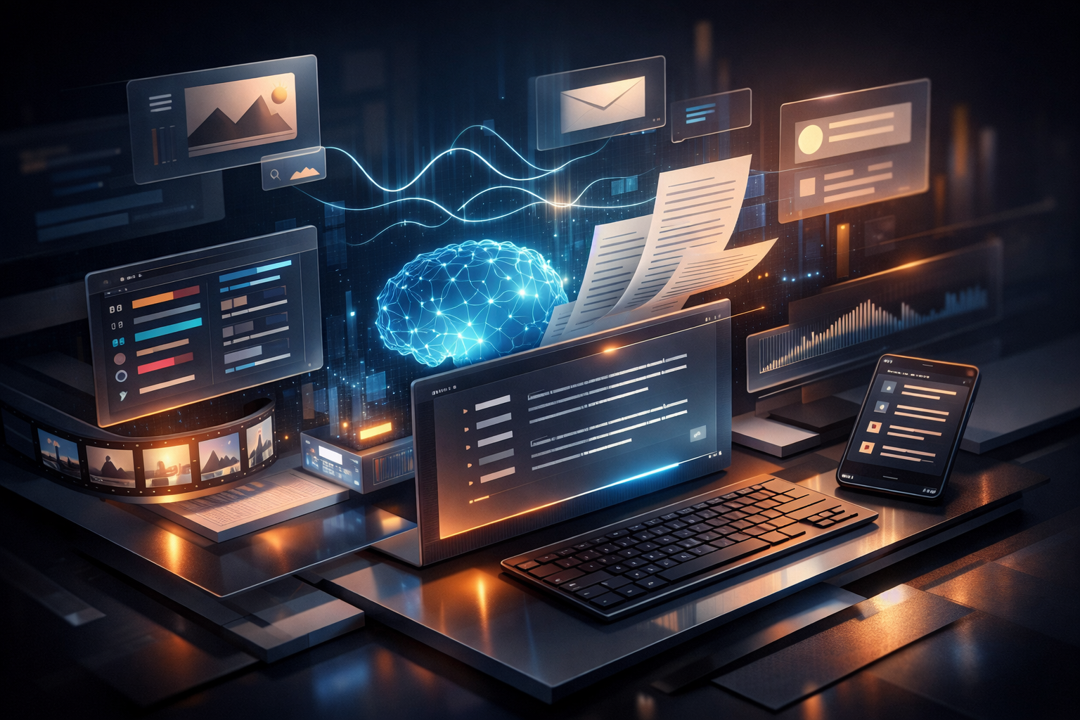 Multimedia setup featuring a laptop and a large monitor in a tech-savvy workspace.