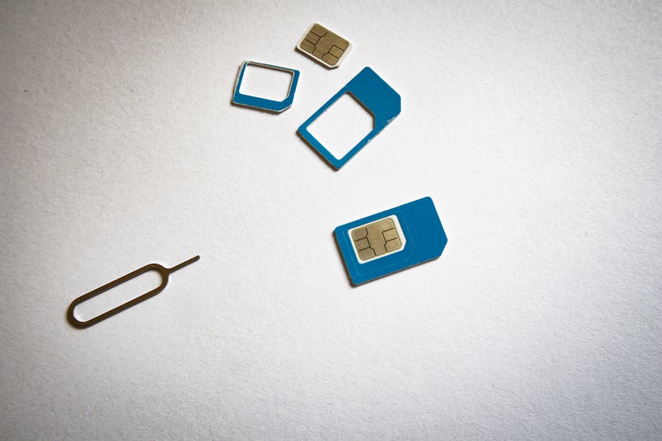 Close-up of SIM cards and ejector tool on white background, emphasizing telecommunication technology.