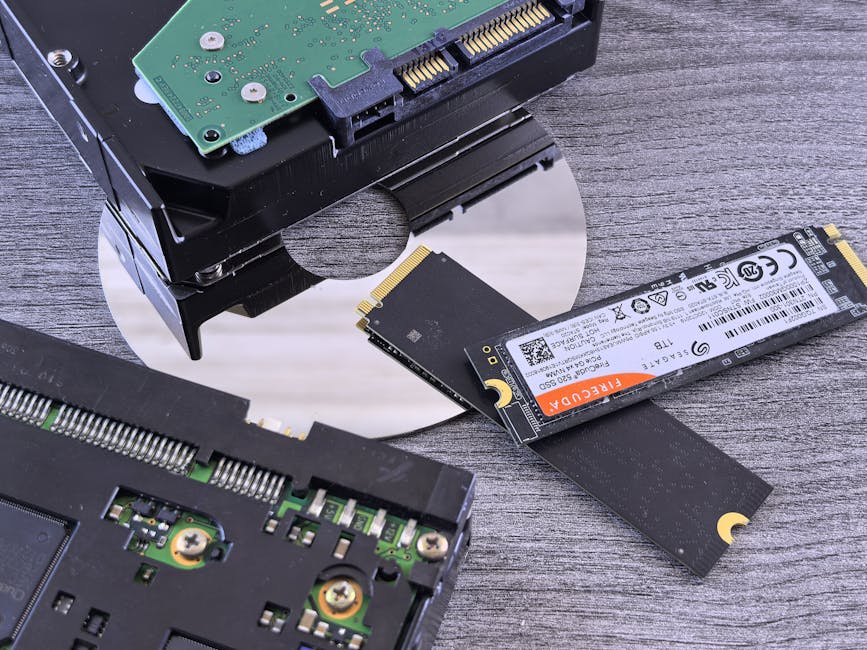 Contrasting data storage technologies: NVMe SSD, HDD, and CD.