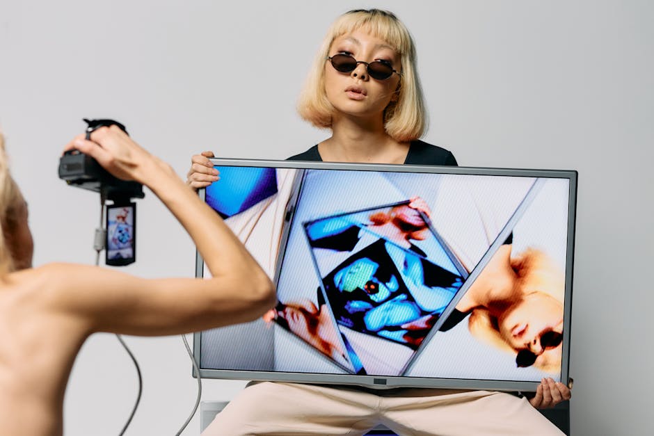 Fashion model posing with digital screen in a modern studio setup.