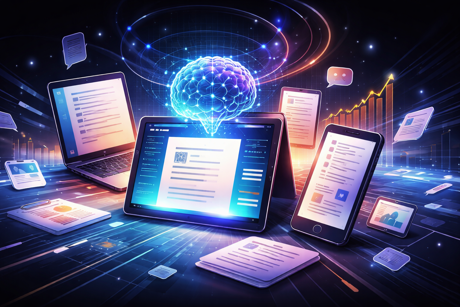 Premium editorial section illustration 1 for "Почему ИИ для текста сталmust-have в 2026" in context of "ИИ для текста: 12 сервисов для статей, постов и описаний в 2026". Distinct visual angle, no people, no faces, layered product surfaces, abstract signals, cinematic light, crisp contrast, subject-focused, no text, no watermark, no logo, 16:9.