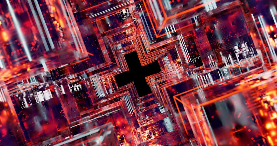 Abstract view of a digital circuitry with glowing multicolored cubes.