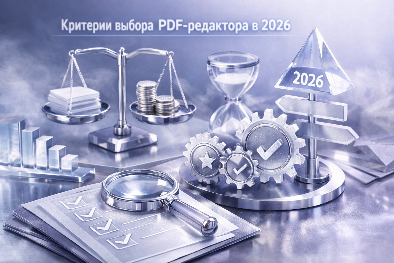 Transformation timeline scene with staged objects, motion residue, and cinematic before/after contrast. Article title: "Топ-7 PDF-редакторов 2026: чем редактировать PDF бесплатно и платно". Section focus: "Критерии выбора PDF-редактора в 2026". Concrete concept to visualize: Критерии, выбора, редактора, 2026. Invent a specific metaphor tied to this section only; do not fall back to generic AI brains, neon circuits, or random dashboards. Color direction: ice blue, violet gray, polished chrome, cloud white. Camera: close-up 50mm product editorial shot, shallow depth but readable scene hierarchy. Use tactile materials, layered objects, visual hierarchy, and premium editorial polish like a cover story interior spread. No people, no faces, no hands, no readable UI text, no logos, no watermark, no empty dark voids. 16:9 landscape.