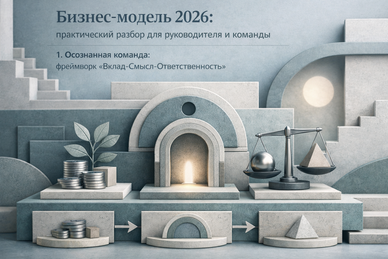 Architectural elevation scene with layered frames, structural rhythm, and editorial poster discipline. Article title: "Бизнес-модель 2026: практический разбор для руководителя и команды". Section focus: "1. Осознанная команда: фреймворк «Вклад-Смысл-Ответственность»". Concrete concept to visualize: Осознанная, команда, фреймворк, Вклад, Смысл. Invent a specific metaphor tied to this section only; do not fall back to generic AI brains, neon circuits, or random dashboards. Color direction: fog blue, desaturated teal, silver accents, pale stone. Camera: close-up 50mm product editorial shot, shallow depth but readable scene hierarchy. Use tactile materials, layered objects, visual hierarchy, and premium editorial polish like a cover story interior spread. No people, no faces, no hands, no readable UI text, no logos, no watermark, no empty dark voids. 16:9 landscape.