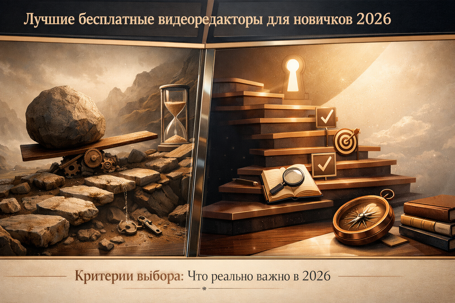 Split-frame systems narrative showing friction versus leverage, with a clean dividing structure and layered depth. Article title: "Лучшие бесплатные видеоредакторы для новичков 2026". Section focus: "Критерии выбора: Что реально важно в 2026". Concrete concept to visualize: Критерии, выбора, реально, важно, 2026. Invent a specific metaphor tied to this section only; do not fall back to generic AI brains, neon circuits, or random dashboards. Color direction: warm ivory, copper, deep navy, smoked glass. Camera: wide-angle but controlled perspective, crisp focal anchor, premium magazine framing. Use tactile materials, layered objects, visual hierarchy, and premium editorial polish like a cover story interior spread. No people, no faces, no hands, no readable UI text, no logos, no watermark, no empty dark voids. 16:9 landscape.