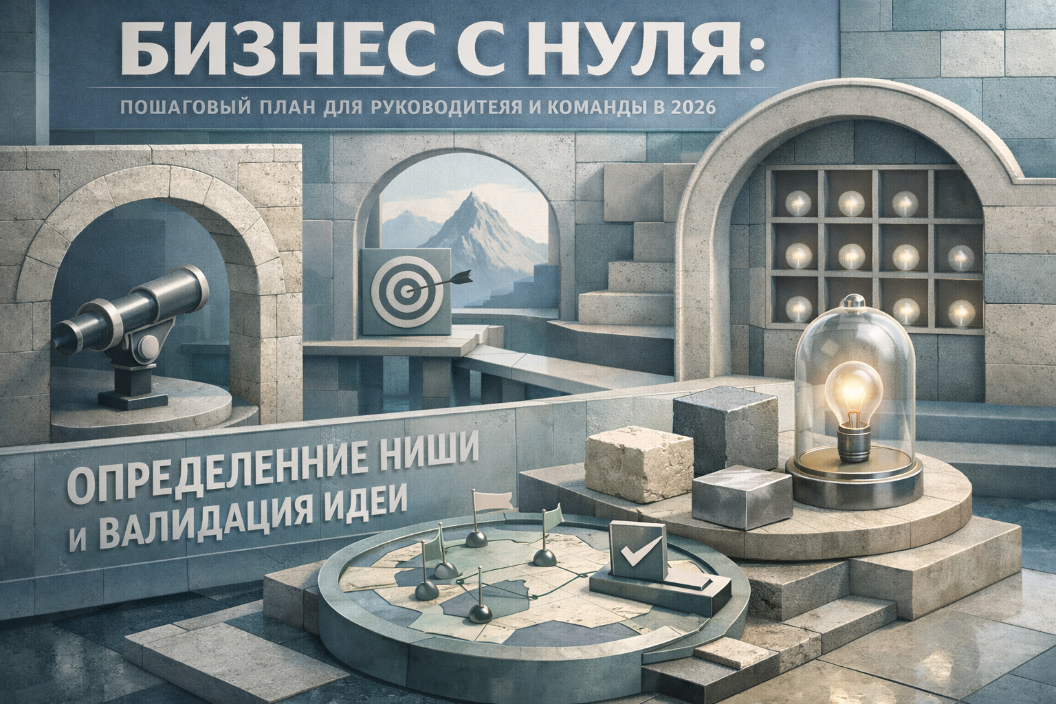 Architectural elevation scene with layered frames, structural rhythm, and editorial poster discipline. Article title: "Бизнес с нуля: пошаговый план для руководителя и команды в 2026". Section focus: "Определение ниши и валидация идеи". Concrete concept to visualize: Определение, ниши, валидация, идеи. Invent a specific metaphor tied to this section only; do not fall back to generic AI brains, neon circuits, or random dashboards. Color direction: fog blue, desaturated teal, silver accents, pale stone. Camera: elevated 35mm view with strong leading lines and clear foreground-midground-background separation. Use tactile materials, layered objects, visual hierarchy, and premium editorial polish like a cover story interior spread. No people, no faces, no hands, no readable UI text, no logos, no watermark, no empty dark voids. 16:9 landscape.