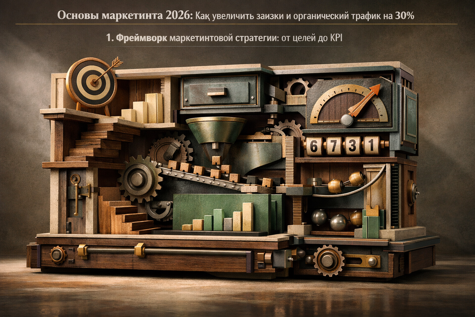 Cutaway blueprint environment revealing internal mechanics, precise geometry, and technical elegance. Article title: "Основы маркетинга 2026: Как увеличить заявки и органический трафик на 30%". Section focus: "1. Фреймворк маркетинговой стратегии: от целей до KPI". Concrete concept to visualize: Фреймворк, маркетинговой, стратегии, целей. Invent a specific metaphor tied to this section only; do not fall back to generic AI brains, neon circuits, or random dashboards. Color direction: sand beige, eucalyptus green, oxidized metal, dark walnut. Camera: side-on studio composition with dramatic rim light and subtle volumetric atmosphere. Use tactile materials, layered objects, visual hierarchy, and premium editorial polish like a cover story interior spread. No people, no faces, no hands, no readable UI text, no logos, no watermark, no empty dark voids. 16:9 landscape.