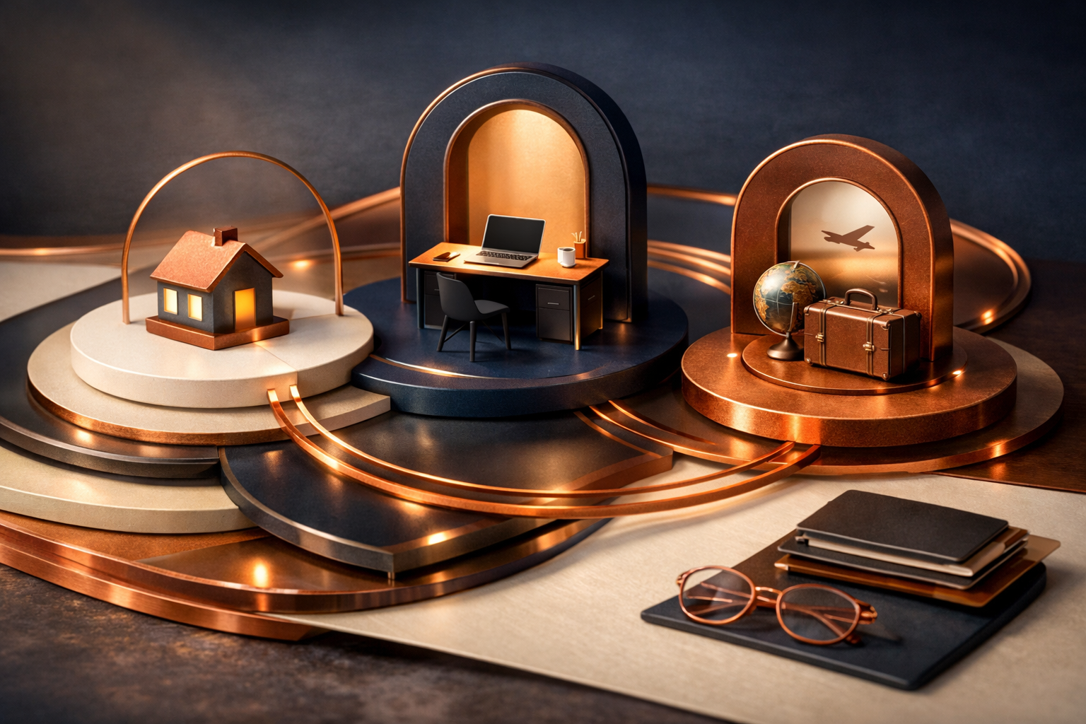 Signal-map composition where pathways, anchors, and control points form a high-end systems metaphor. Article title: "Удаленный доступ к ПК бесплатно: 7 альтернатив TeamViewer в 2026". Section focus: "Кому подходит сценарий бесплатного доступа". Concrete concept to visualize: Кому, подходит, сценарий, бесплатного, доступа. Invent a specific metaphor tied to this section only; do not fall back to generic AI brains, neon circuits, or random dashboards. Color direction: warm ivory, copper, deep navy, smoked glass. Camera: close-up 50mm product editorial shot, shallow depth but readable scene hierarchy. Use tactile materials, layered objects, visual hierarchy, and premium editorial polish like a cover story interior spread. No people, no faces, no hands, no readable UI text, no logos, no watermark, no empty dark voids. 16:9 landscape.