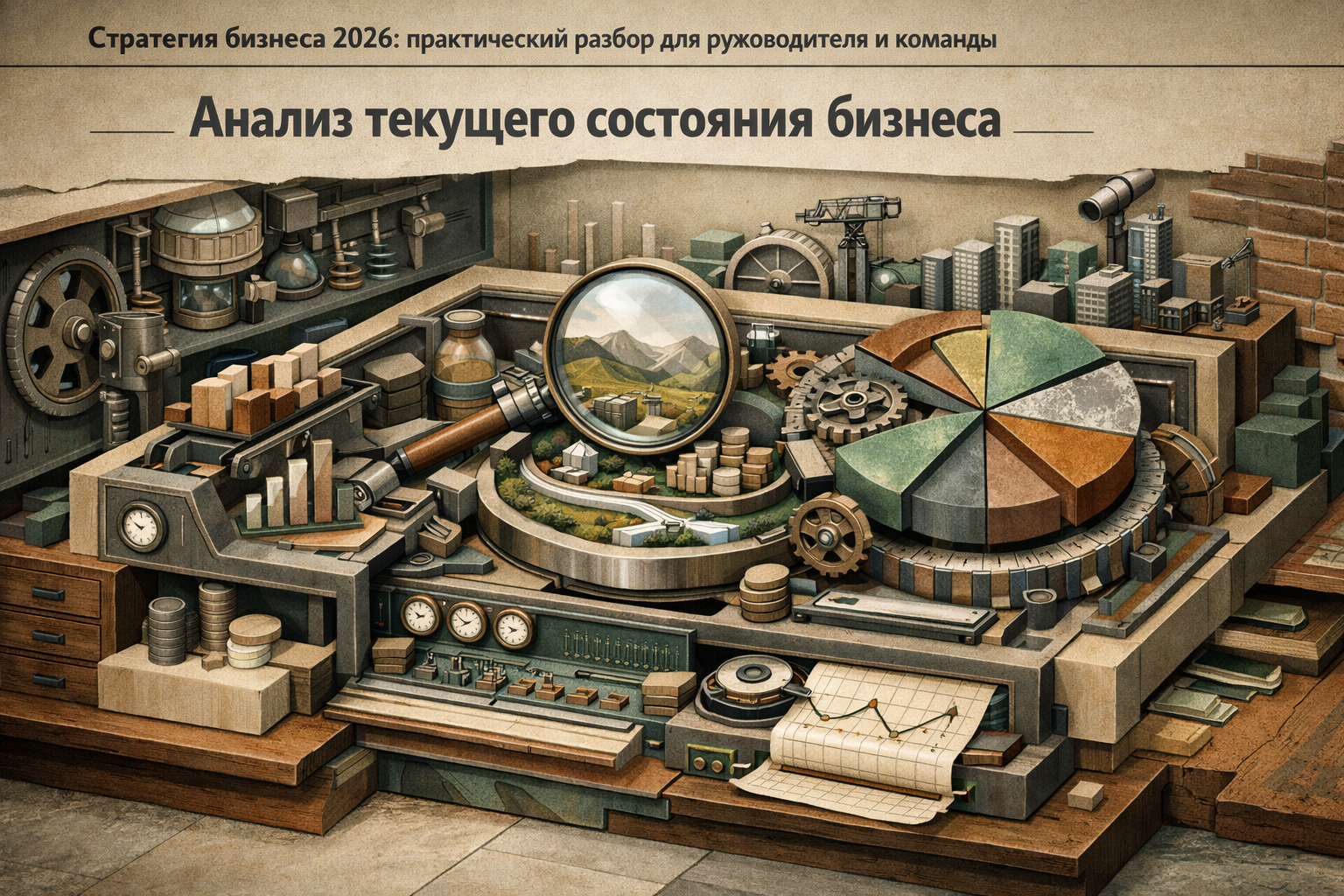 Cutaway blueprint environment revealing internal mechanics, precise geometry, and technical elegance. Article title: "Стратегия бизнеса 2026: практический разбор для руководителя и команды". Section focus: "Анализ текущего состояния бизнеса". Concrete concept to visualize: Анализ, текущего, состояния, бизнеса. Invent a specific metaphor tied to this section only; do not fall back to generic AI brains, neon circuits, or random dashboards. Color direction: sand beige, eucalyptus green, oxidized metal, dark walnut. Camera: elevated 35mm view with strong leading lines and clear foreground-midground-background separation. Use tactile materials, layered objects, visual hierarchy, and premium editorial polish like a cover story interior spread. No people, no faces, no hands, no readable UI text, no logos, no watermark, no empty dark voids. 16:9 landscape.