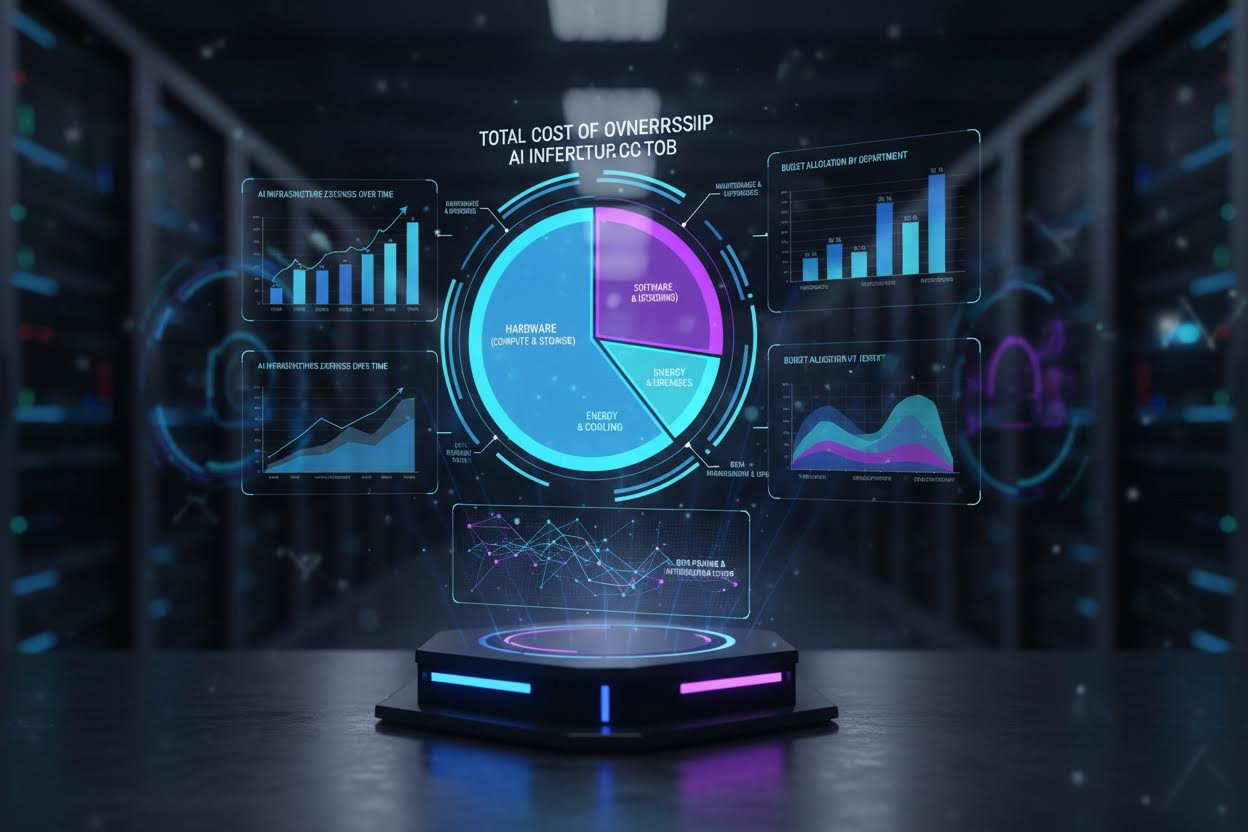 Editorial section illustration for "TCO и структура затрат: что включать в бюджет" in context of "Стоимость AI-трансформации: бюджеты для бизнеса от 100K до 10M оборота". Subject-focused composition, realistic business environment, crisp details, natural contrast, no text, no watermark, no logo, no empty background, 16:9.