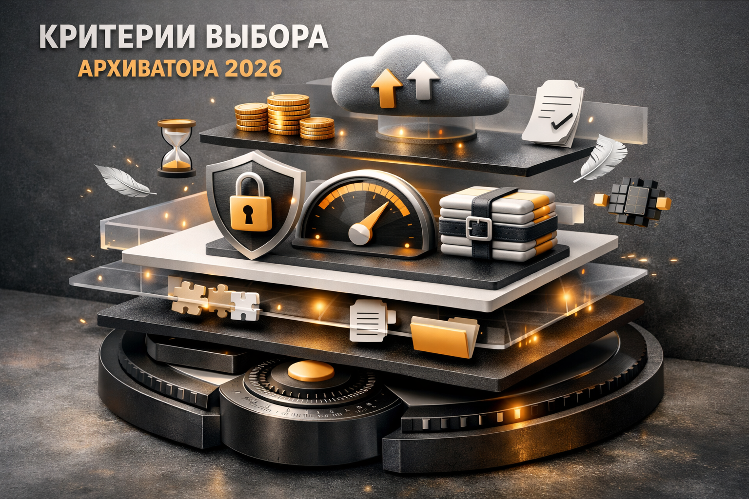 Exploded product architecture with floating layers, translucent materials, and magazine-grade diagram energy. Article title: "Лучшие архиваторы для Windows 2026: WinRAR, 7-Zip и 10 альтернатив". Section focus: "Критерии выбора архиватора в 2026". Concrete concept to visualize: Критерии, выбора, архиватора, 2026. Invent a specific metaphor tied to this section only; do not fall back to generic AI brains, neon circuits, or random dashboards. Color direction: soft graphite, amber highlights, porcelain white, matte black. Camera: wide-angle but controlled perspective, crisp focal anchor, premium magazine framing. Use tactile materials, layered objects, visual hierarchy, and premium editorial polish like a cover story interior spread. No people, no faces, no hands, no readable UI text, no logos, no watermark, no empty dark voids. 16:9 landscape.