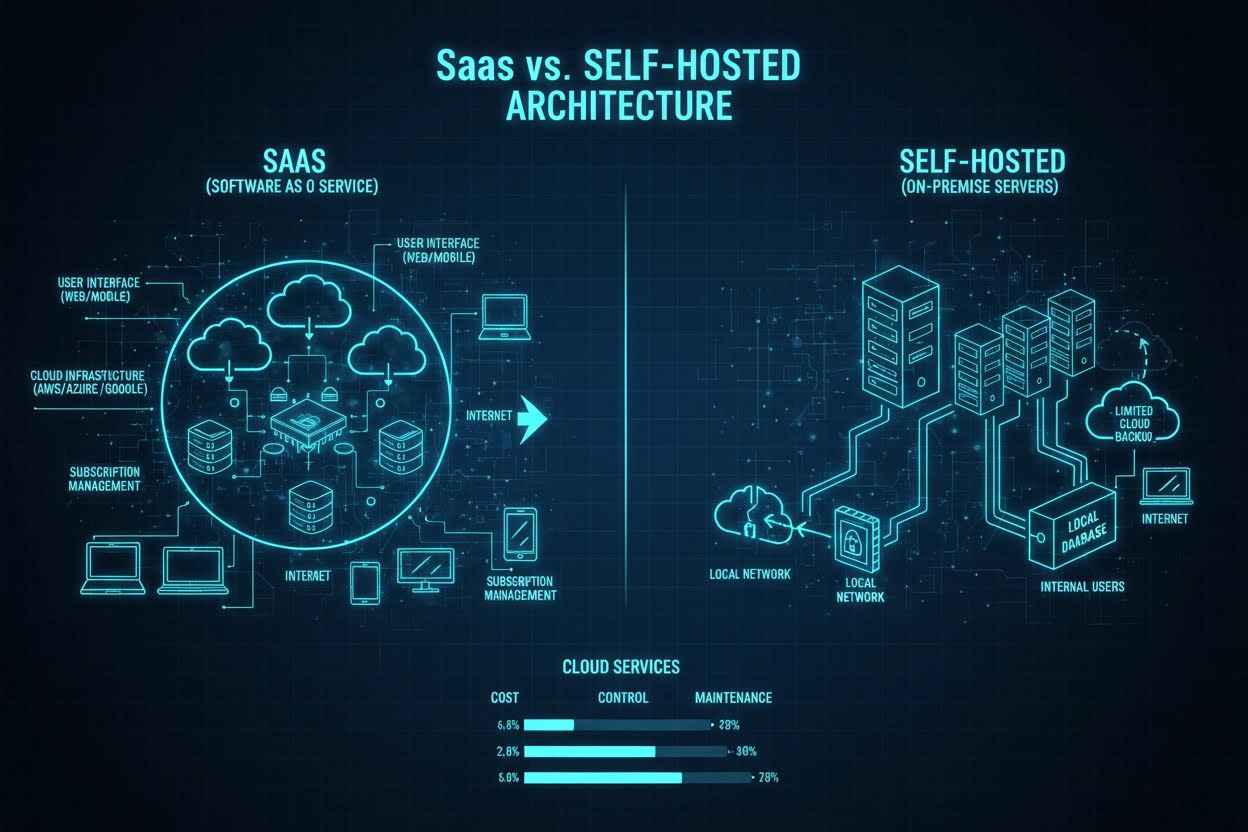 Editorial section illustration for "Архитектурный расклад: SaaS vs Конструктор vs Self-Hosted" in context of "Zapier vs Make vs n8n: полное сравнение для бизнеса 2026". Subject-focused composition, realistic business environment, crisp details, natural contrast, no text, no watermark, no logo, no empty background, 16:9.