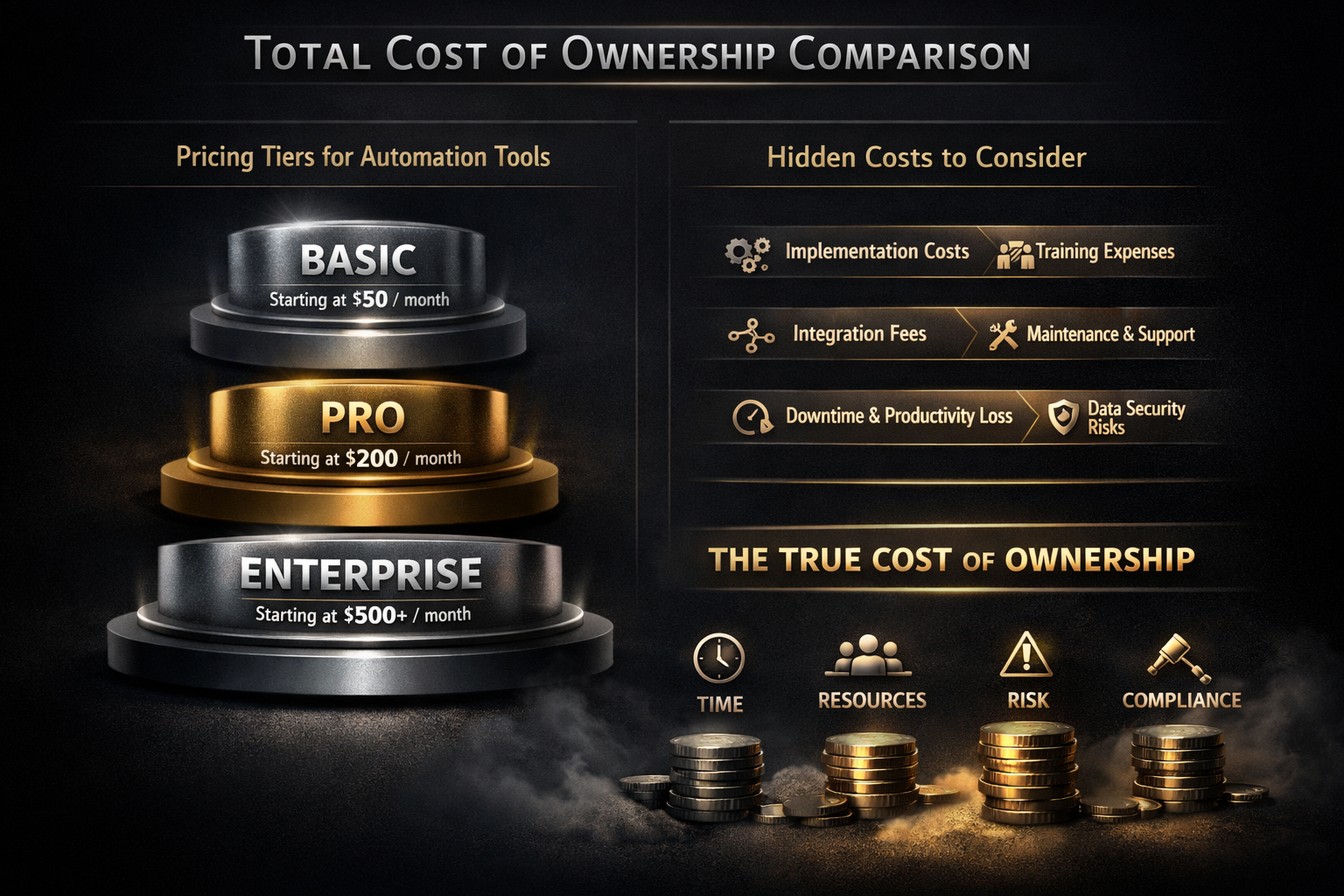 Editorial section illustration for "Стоимость владения (TCO): что скрыто в ценнике" in context of "Zapier vs Make vs n8n: полное сравнение для бизнеса 2026". Subject-focused composition, realistic business environment, crisp details, natural contrast, no text, no watermark, no logo, no empty background, 16:9.