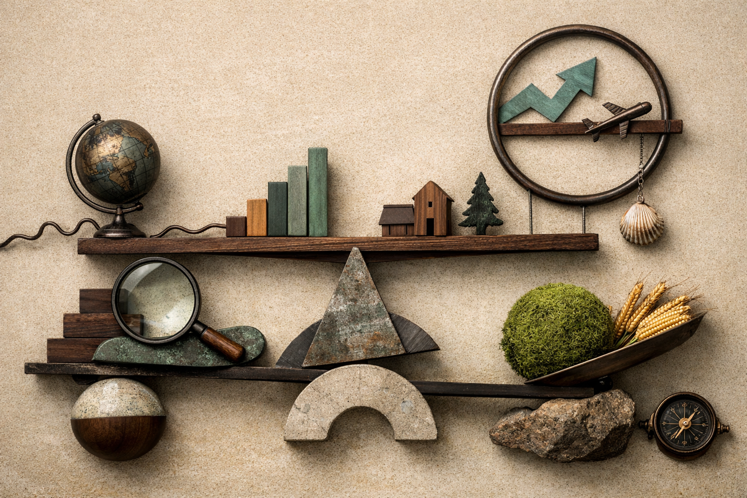 Kinetic sculpture made from topic-specific objects, balanced asymmetry, and intentional visual tension. Article title: "Бизнес-идеи 2026: практический разбор для руководителя и команды". Section focus: "Шаг 1: Анализ трендов через PESTEL". Concrete concept to visualize: Анализ, трендов, через, PESTEL. Invent a specific metaphor tied to this section only; do not fall back to generic AI brains, neon circuits, or random dashboards. Color direction: sand beige, eucalyptus green, oxidized metal, dark walnut. Camera: top-down flat lay with structured geometry and intentional rhythm between objects. Use tactile materials, layered objects, visual hierarchy, and premium editorial polish like a cover story interior spread. No people, no faces, no hands, no readable UI text, no logos, no watermark, no empty dark voids. 16:9 landscape.
