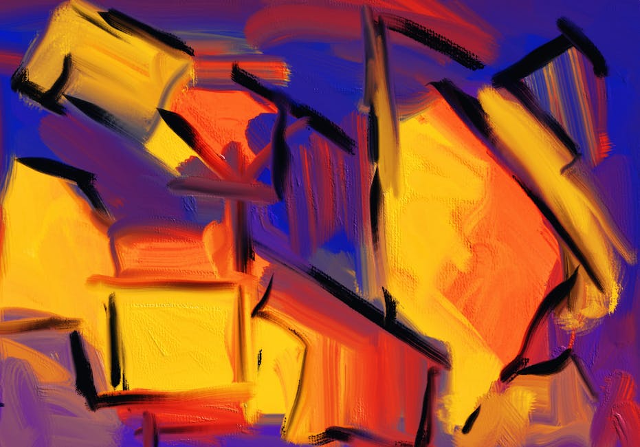 Dynamic abstract painting with bold colors and expressive brushstrokes.