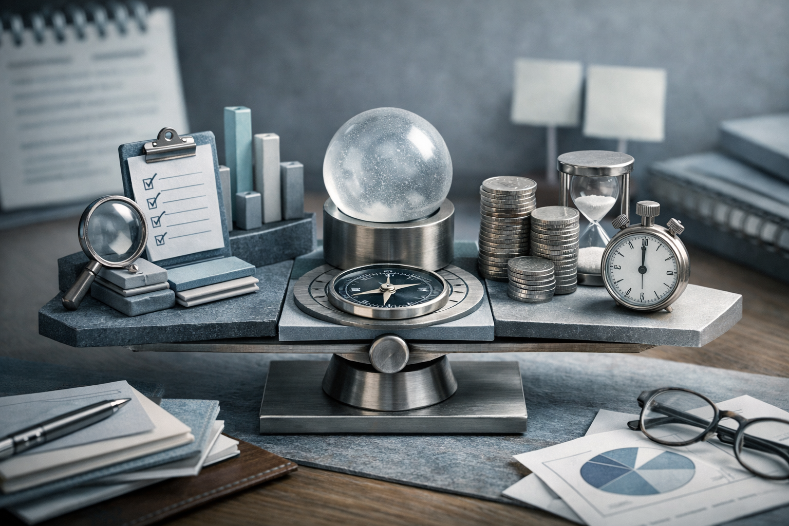 Miniature diorama built from real business objects, tactile textures, warm controlled light, and handcrafted realism. Article title: "Лучшие виртуальные машины для Windows: 2026 год". Section focus: "Критерии выбора: Что реально важно". Concrete concept to visualize: Критерии, выбора, реально, важно. Invent a specific metaphor tied to this section only; do not fall back to generic AI brains, neon circuits, or random dashboards. Color direction: cool slate, pearl white, muted cyan, brushed steel. Camera: close-up 50mm product editorial shot, shallow depth but readable scene hierarchy. Use tactile materials, layered objects, visual hierarchy, and premium editorial polish like a cover story interior spread. No people, no faces, no hands, no readable UI text, no logos, no watermark, no empty dark voids. 16:9 landscape.