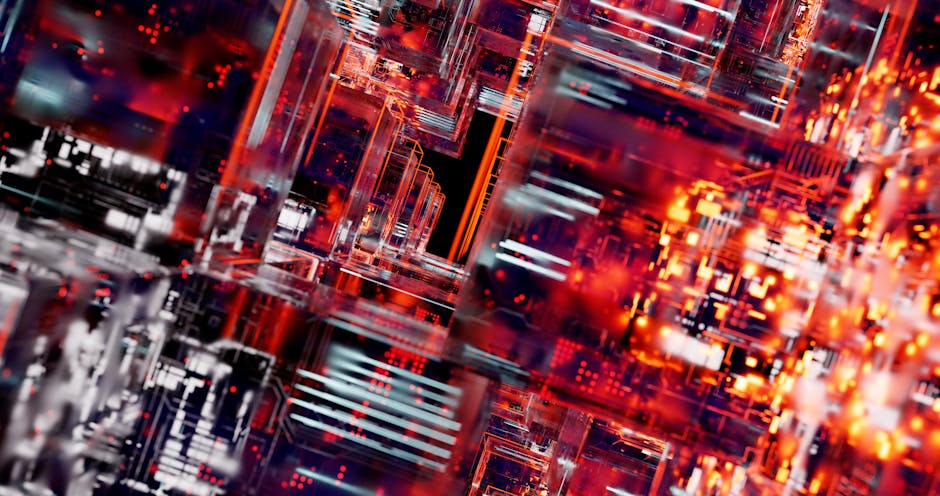 Intricate abstract visualization of digital circuit blocks with vibrant LED lights, showcasing technology and innovation.