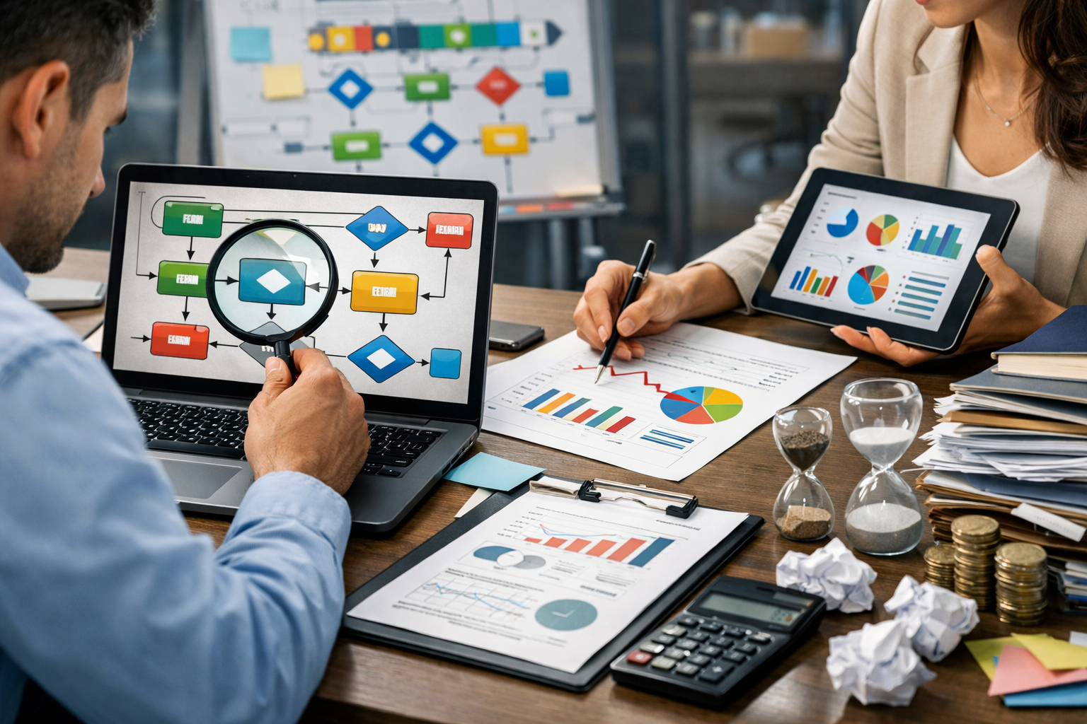 Editorial section illustration for "Аудит текущих процессов: где теряются ресурсы" in context of "No-code автоматизация бизнеса: как собрать рабочие процессы без программистов". Subject-focused composition, realistic business environment, crisp details, natural contrast, no text, no watermark, no logo, no empty background, 16:9.