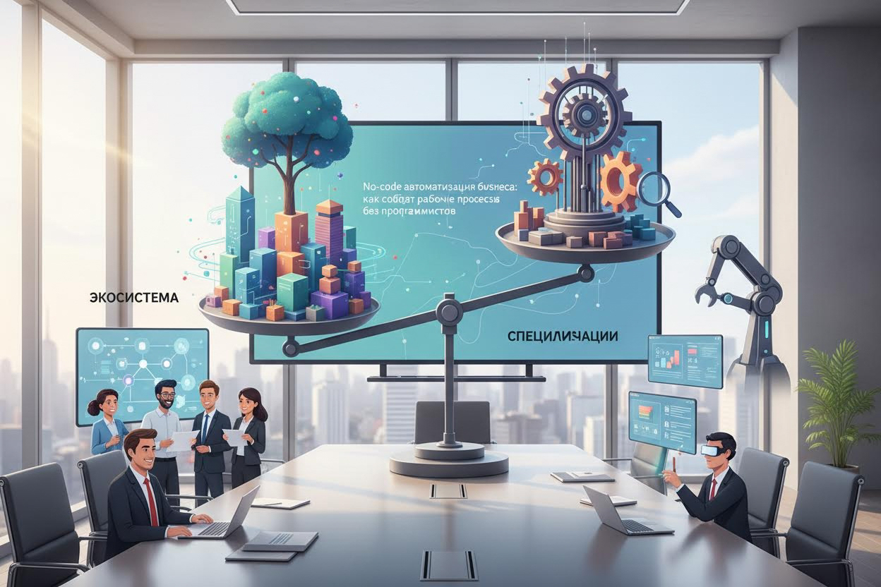 Editorial section illustration for "Выбор платформы: экосистема vs специализация" in context of "No-code автоматизация бизнеса: как собрать рабочие процессы без программистов". Subject-focused composition, realistic business environment, crisp details, natural contrast, no text, no watermark, no logo, no empty background, 16:9.
