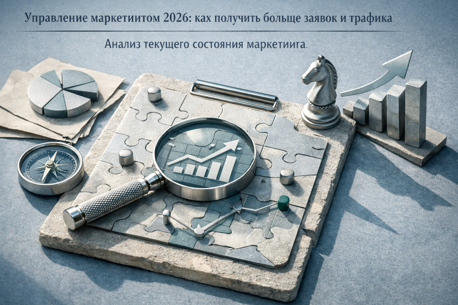 Top-down strategy table scene with symbolic objects, long directional shadows, and deliberate negative space. Article title: "Управление маркетингом 2026: как получить больше заявок и трафика". Section focus: "Анализ текущего состояния маркетинга". Concrete concept to visualize: Анализ, текущего, состояния, маркетинга. Invent a specific metaphor tied to this section only; do not fall back to generic AI brains, neon circuits, or random dashboards. Color direction: fog blue, desaturated teal, silver accents, pale stone. Camera: close-up 50mm product editorial shot, shallow depth but readable scene hierarchy. Use tactile materials, layered objects, visual hierarchy, and premium editorial polish like a cover story interior spread. No people, no faces, no hands, no readable UI text, no logos, no watermark, no empty dark voids. 16:9 landscape.
