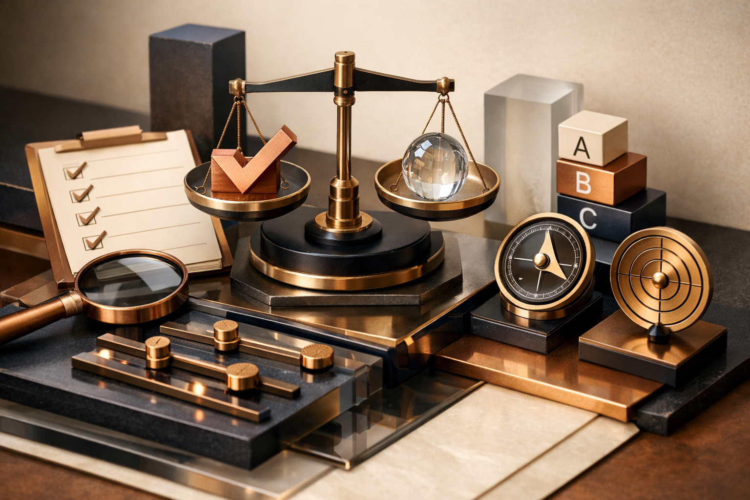 Signal-map composition where pathways, anchors, and control points form a high-end systems metaphor. Article title: "Топ-7 программ для мониторинга температуры ПК в 2026". Section focus: "Критерии выбора: Что реально важно". Concrete concept to visualize: Критерии, выбора, реально, важно. Invent a specific metaphor tied to this section only; do not fall back to generic AI brains, neon circuits, or random dashboards. Color direction: warm ivory, copper, deep navy, smoked glass. Camera: close-up 50mm product editorial shot, shallow depth but readable scene hierarchy. Use tactile materials, layered objects, visual hierarchy, and premium editorial polish like a cover story interior spread. No people, no faces, no hands, no readable UI text, no logos, no watermark, no empty dark voids. 16:9 landscape.