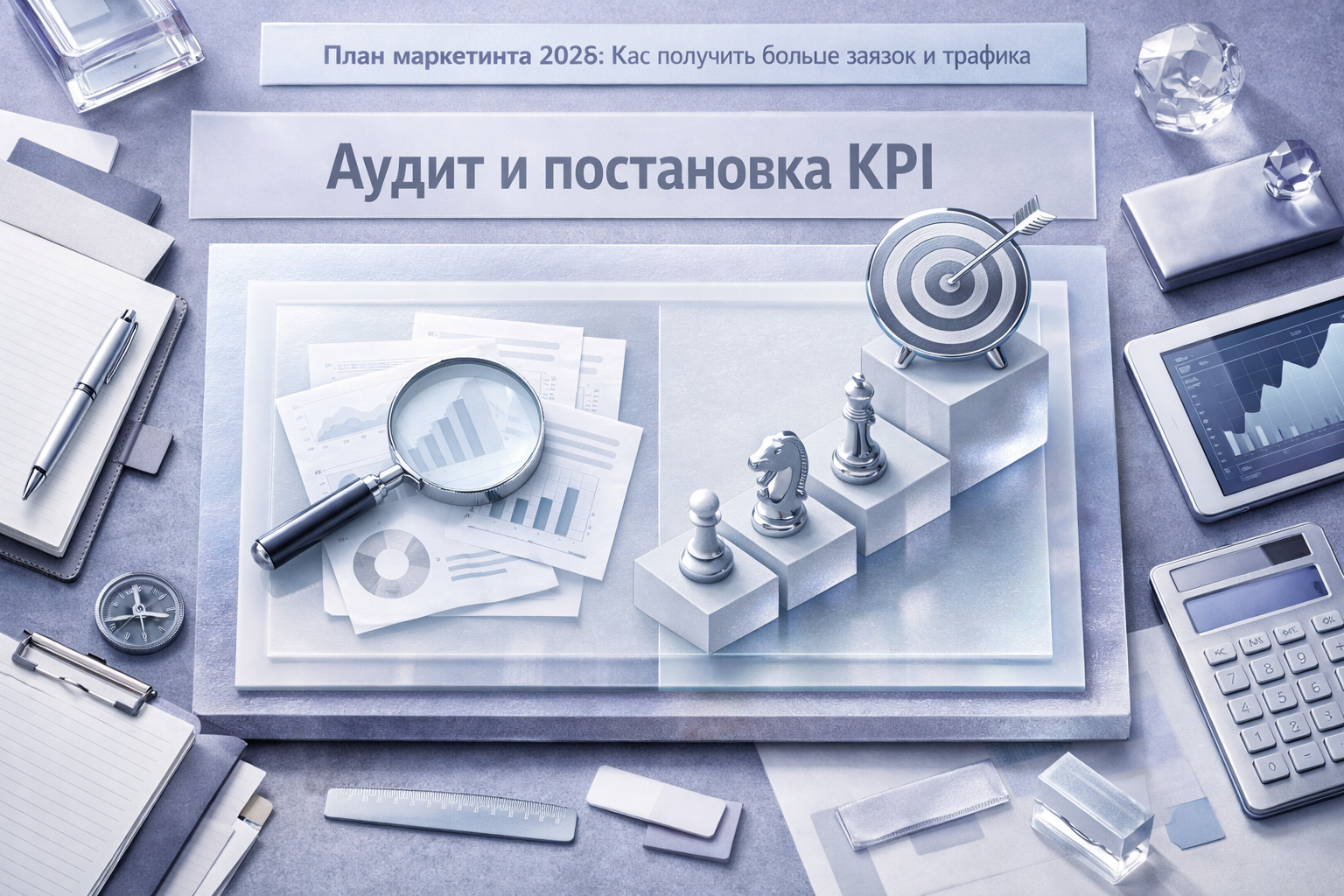 High-end desktop composition combining instruments, screens, and physical artifacts without readable interface text. Article title: "План маркетинга 2026: Как получить больше заявок и трафика". Section focus: "Аудит и постановка KPI". Concrete concept to visualize: Аудит, постановка. Invent a specific metaphor tied to this section only; do not fall back to generic AI brains, neon circuits, or random dashboards. Color direction: ice blue, violet gray, polished chrome, cloud white. Camera: top-down flat lay with structured geometry and intentional rhythm between objects. Use tactile materials, layered objects, visual hierarchy, and premium editorial polish like a cover story interior spread. No people, no faces, no hands, no readable UI text, no logos, no watermark, no empty dark voids. 16:9 landscape.