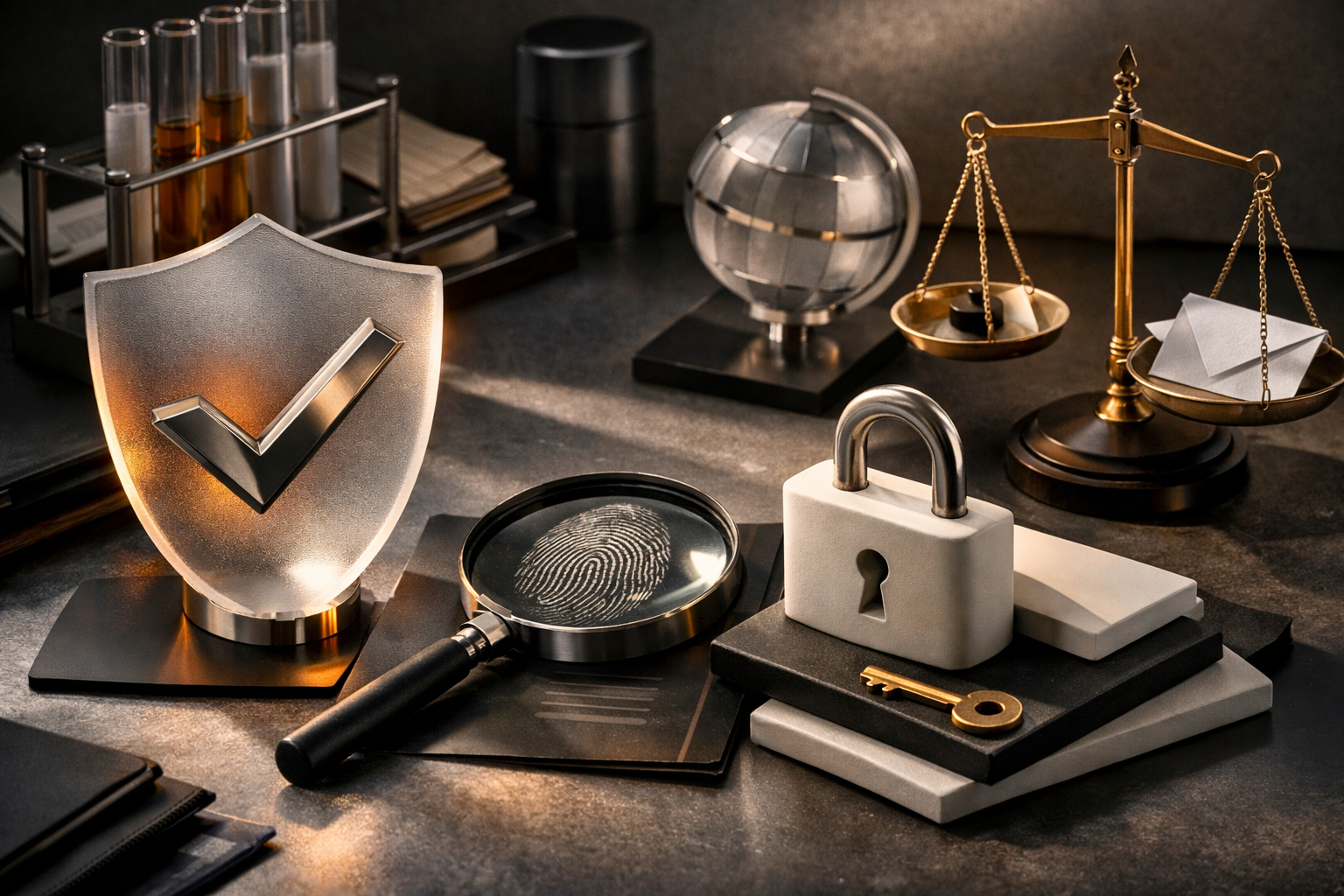 Art-directed laboratory tableau with polished metal, frosted glass, matte ceramics, and dramatic side light. Article title: "Самый безопасный браузер 2026: выбор для максимальной приватности". Section focus: "Критерии выбора безопасного браузера". Concrete concept to visualize: Критерии, выбора, безопасного, браузера. Invent a specific metaphor tied to this section only; do not fall back to generic AI brains, neon circuits, or random dashboards. Color direction: soft graphite, amber highlights, porcelain white, matte black. Camera: elevated 35mm view with strong leading lines and clear foreground-midground-background separation. Use tactile materials, layered objects, visual hierarchy, and premium editorial polish like a cover story interior spread. No people, no faces, no hands, no readable UI text, no logos, no watermark, no empty dark voids. 16:9 landscape.