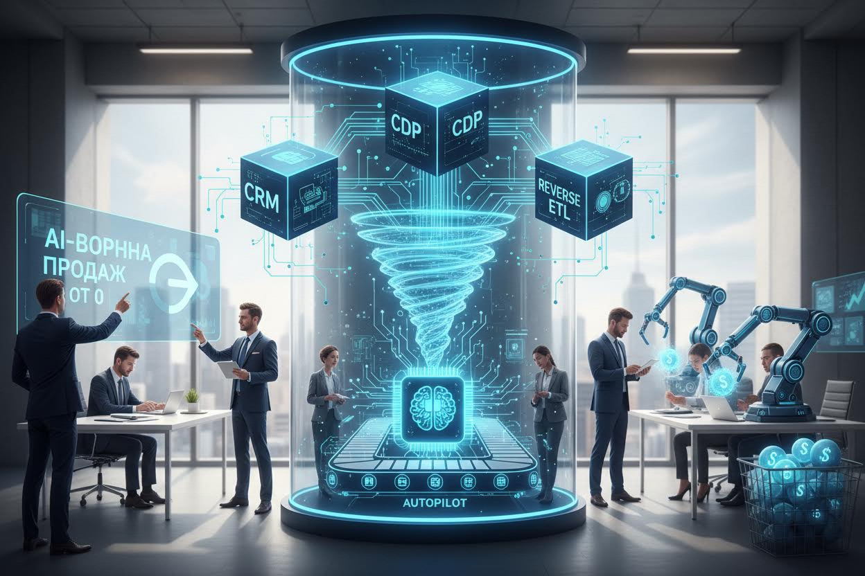 Editorial section illustration for "Инфраструктура и интеграции: CRM + CDP + Reverse ETL" in context of "Как построить AI-воронку продаж от 0 до автопилота". Subject-focused composition, realistic business environment, crisp details, natural contrast, no text, no watermark, no logo, no empty background, 16:9.