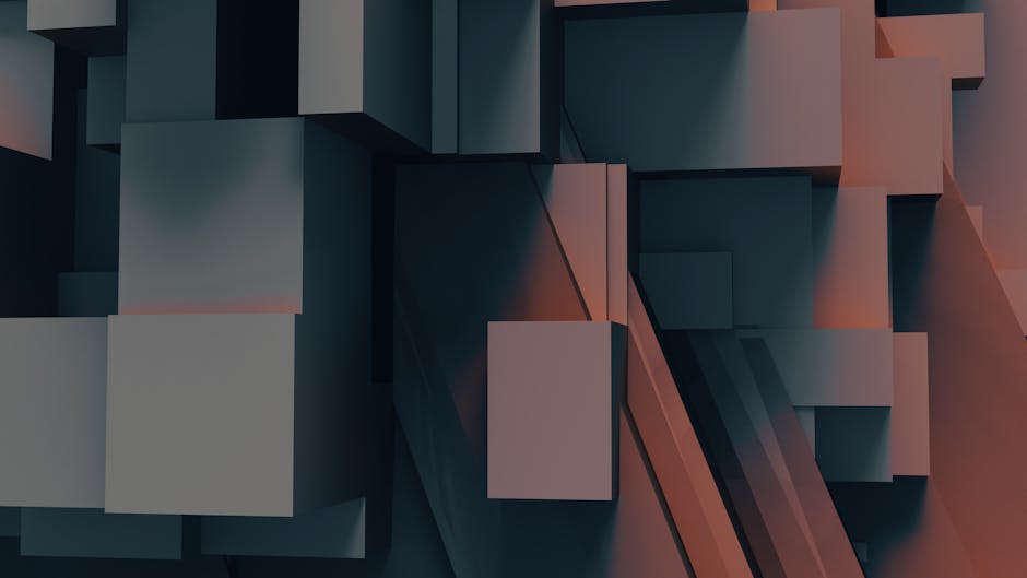 Abstract composition of interlocking geometric cubes with subtle lighting and shadows.