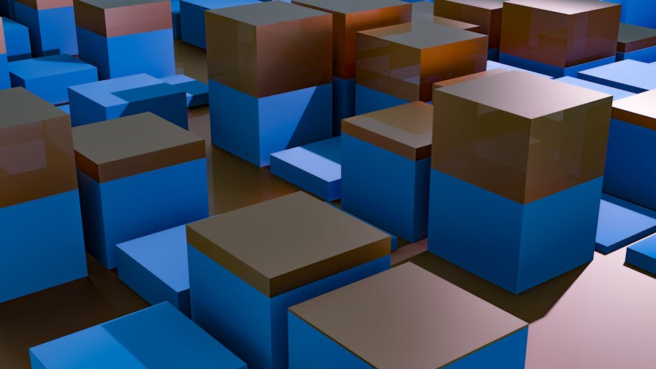 Stylized 3D render of abstract geometric cubes in blue tones.