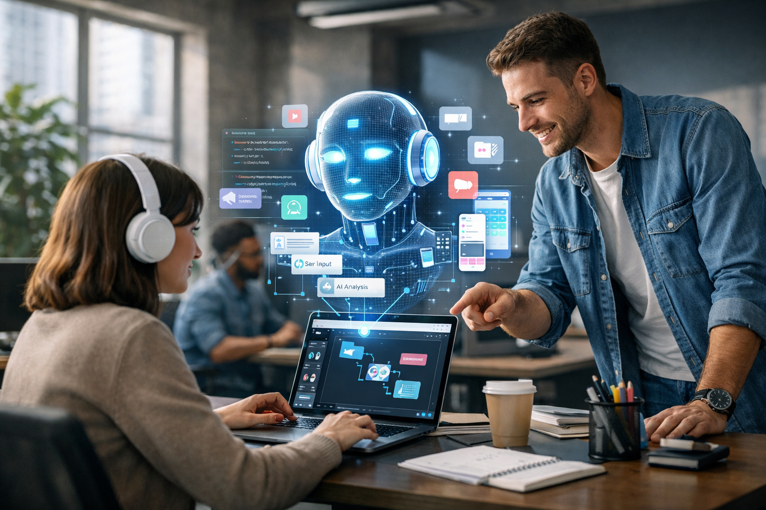 Editorial section illustration for "Что такое вайб-кодинг и почему это важно для бизнеса" in context of "Вайб-кодинг: как создавать приложения с помощью AI без навыков программирования". Subject-focused composition, realistic business environment, crisp details, natural contrast, no text, no watermark, no logo, no empty background, 16:9.