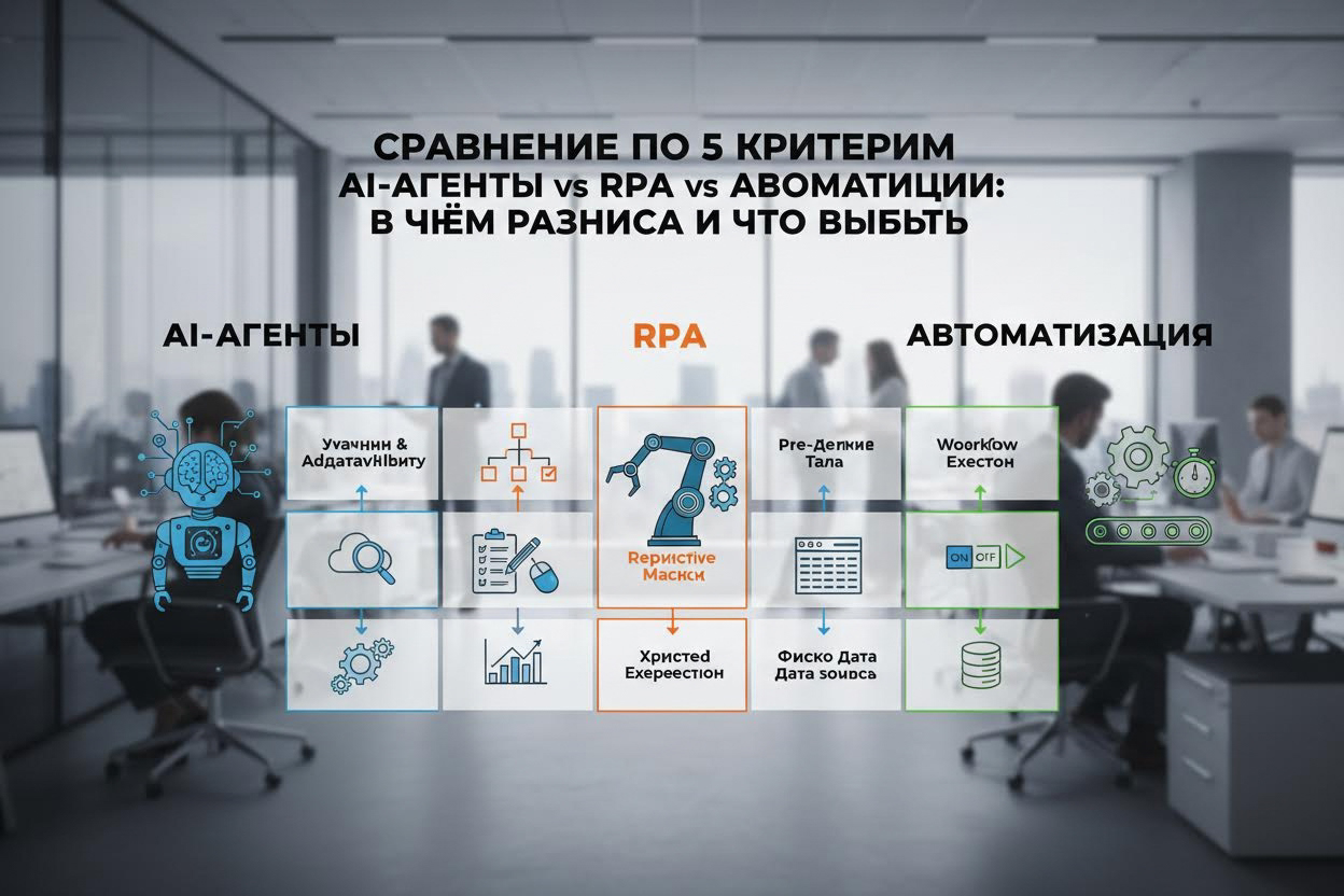 Editorial section illustration for "Сравнение по 5 критериям" in context of "AI-агенты vs RPA vs автоматизация: в чём разница и что выбрать". Subject-focused composition, realistic business environment, crisp details, natural contrast, no text, no watermark, no logo, no empty background, 16:9.