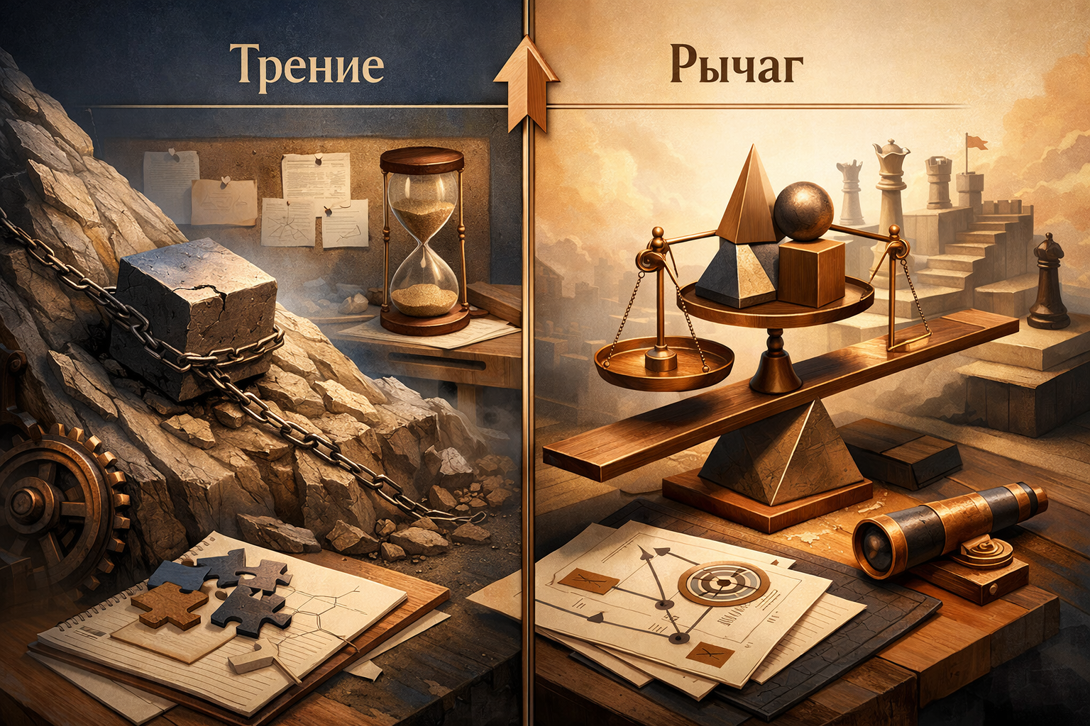 Split-frame systems narrative showing friction versus leverage, with a clean dividing structure and layered depth. Article title: "Топ-7 программ для очистки и оптимизации Windows 11 в 2026 году". Section focus: "Критерии выбора: фреймворк стратегического консультанта". Concrete concept to visualize: Критерии, выбора, фреймворк, стратегического, консультанта. Invent a specific metaphor tied to this section only; do not fall back to generic AI brains, neon circuits, or random dashboards. Color direction: warm ivory, copper, deep navy, smoked glass. Camera: elevated 35mm view with strong leading lines and clear foreground-midground-background separation. Use tactile materials, layered objects, visual hierarchy, and premium editorial polish like a cover story interior spread. No people, no faces, no hands, no readable UI text, no logos, no watermark, no empty dark voids. 16:9 landscape.