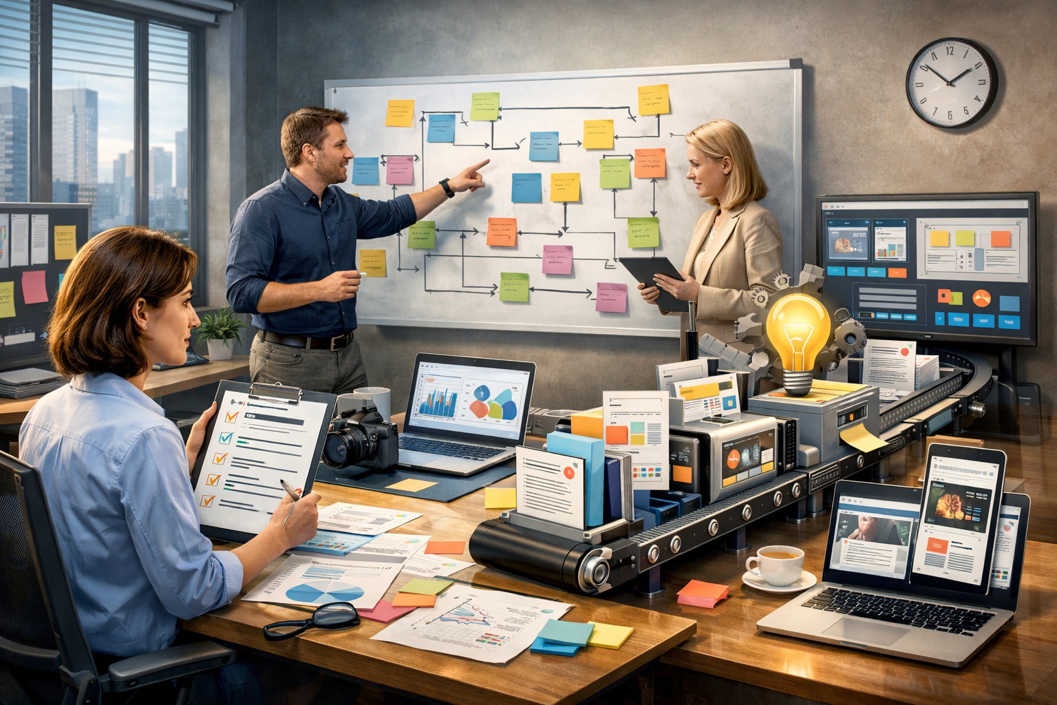 Editorial section illustration for "Аудит и фреймворк: от хаоса к системе" in context of "Как автоматизировать контент-производство: от идеи до публикации". Subject-focused composition, realistic business environment, crisp details, natural contrast, no text, no watermark, no logo, no empty background, 16:9.