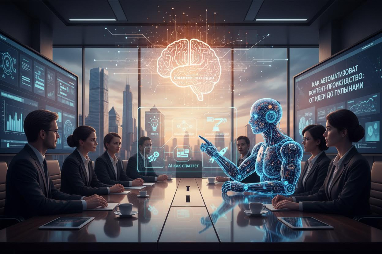Editorial section illustration for "Идея и семантическое ядро: AI как стратег" in context of "Как автоматизировать контент-производство: от идеи до публикации". Subject-focused composition, realistic business environment, crisp details, natural contrast, no text, no watermark, no logo, no empty background, 16:9.