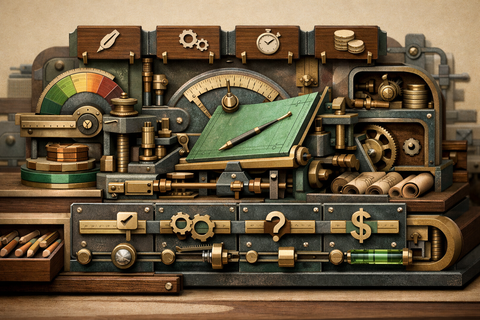 Cutaway blueprint environment revealing internal mechanics, precise geometry, and technical elegance. Article title: "Лучшие программы для рисования на ПК в 2026: Топ-10 инструментов для профессионалов и новичков". Section focus: "Критерии выбора программы для рисования". Concrete concept to visualize: Критерии, выбора, программы, рисования. Invent a specific metaphor tied to this section only; do not fall back to generic AI brains, neon circuits, or random dashboards. Color direction: sand beige, eucalyptus green, oxidized metal, dark walnut. Camera: close-up 50mm product editorial shot, shallow depth but readable scene hierarchy. Use tactile materials, layered objects, visual hierarchy, and premium editorial polish like a cover story interior spread. No people, no faces, no hands, no readable UI text, no logos, no watermark, no empty dark voids. 16:9 landscape.