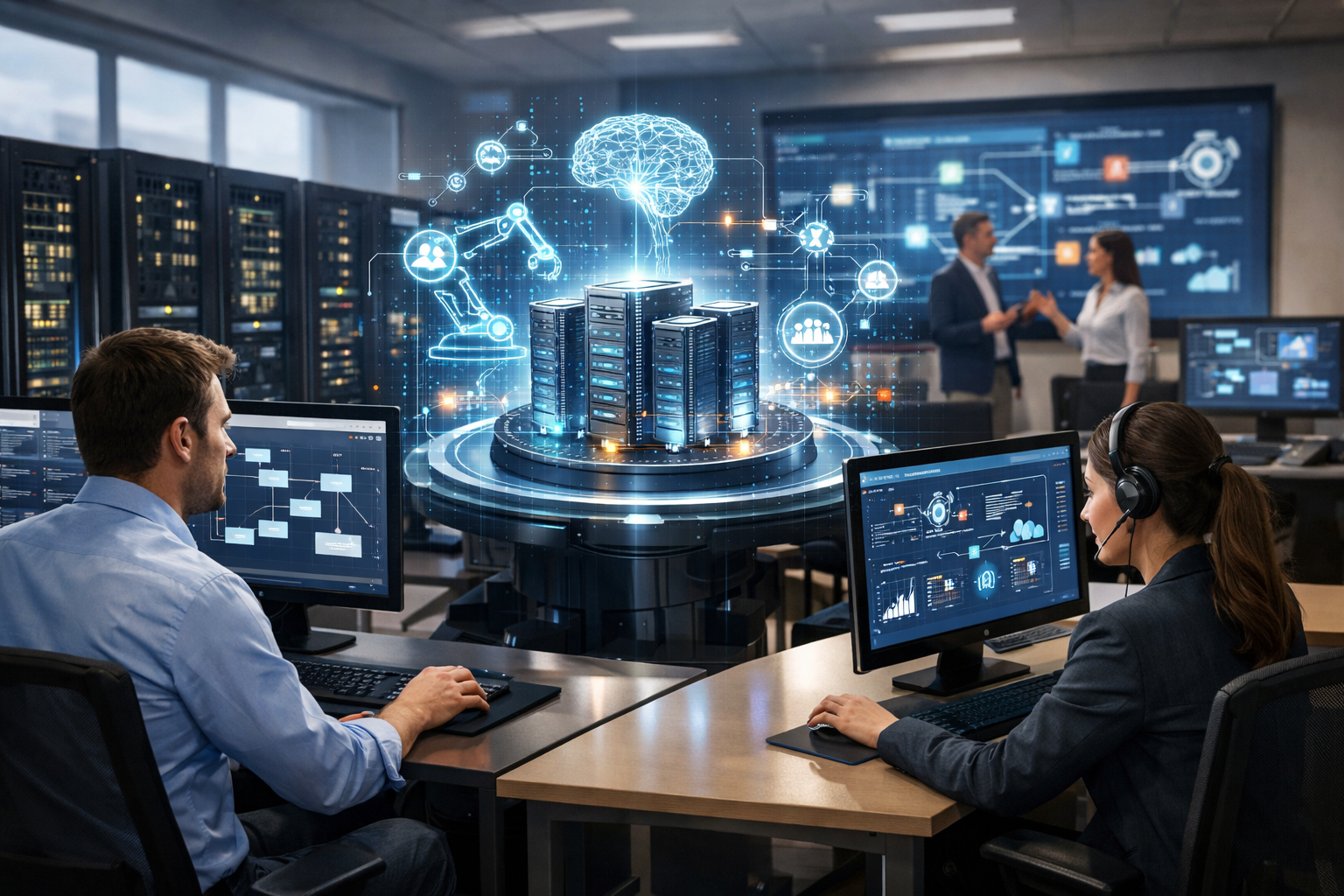 Editorial section illustration for "Что такое MCP и почему это не просто API" in context of "MCP-серверы: что это и почему они изменят AI-автоматизацию". Subject-focused composition, realistic business environment, crisp details, natural contrast, no text, no watermark, no logo, no empty background, 16:9.